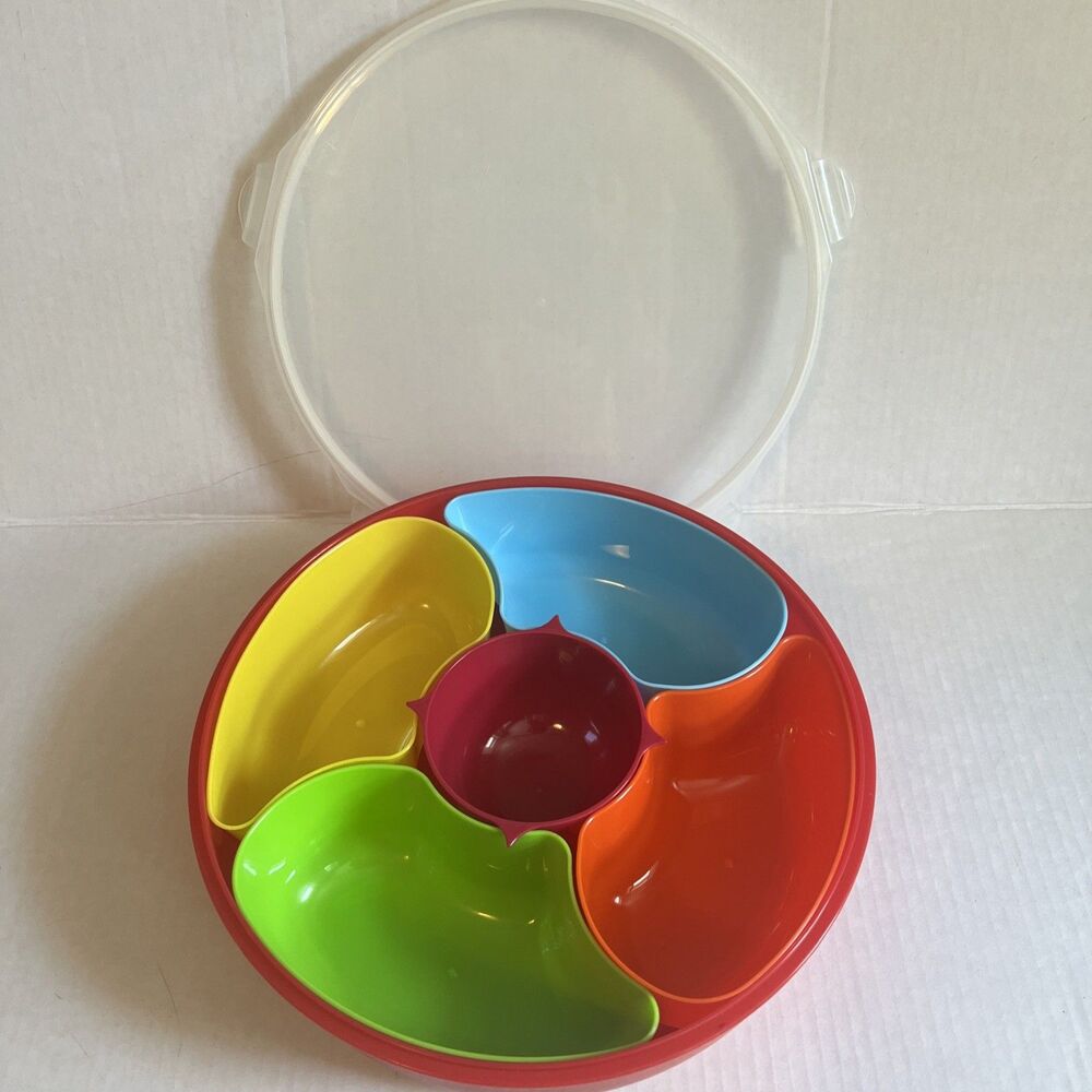 Divided Serving Bowl Red Multi Set 5 Relish Fruit Nut Chips Dip Case Snap On Lid